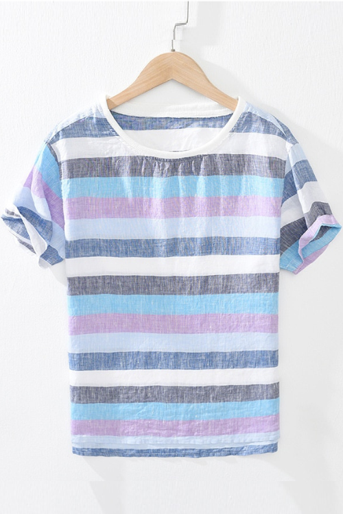 Striped T Shirt Men Summer New Short Sleeve Linen Casual T-Shirts Man Tops