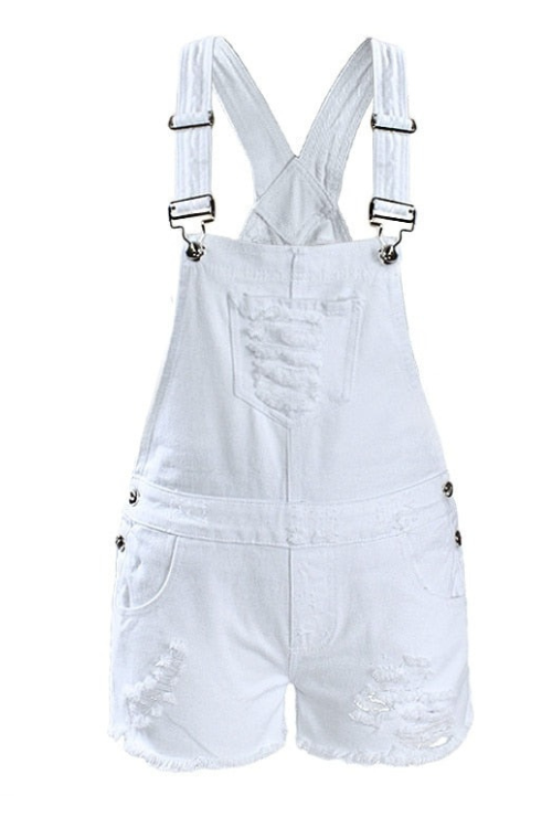 Women`s Ripped Denim Shorts Overall Jeans For Woman (White)