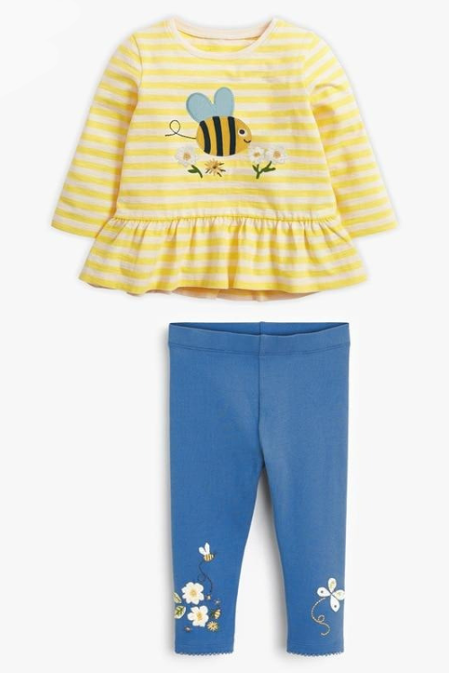 Baby Girl Fall Clothes Autumn Children Set Cotton Two Pieces Suit Toddler Yellow Striped Insect bee Shirt + Blue Flower Pants