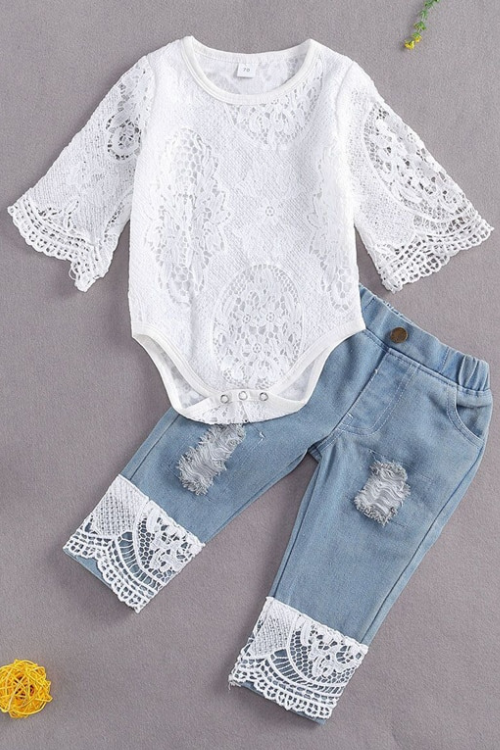 Infant Baby Girl Clothes set Toddler Long sleeve Lace Gauze Bodysuit + Baby Girl Jeans Kids Newborn Clothing Outfits