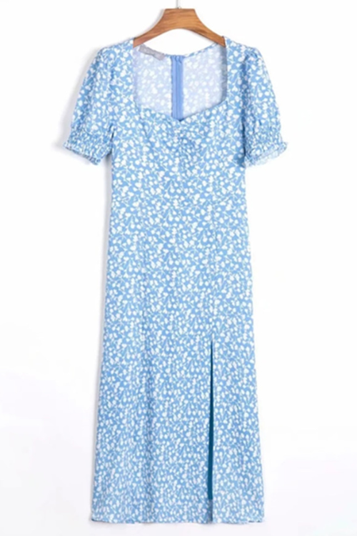 Vintage Blue Floral Summer French Style Indie Folk Square Collar Sexy Beach Forking Midi Dress Women