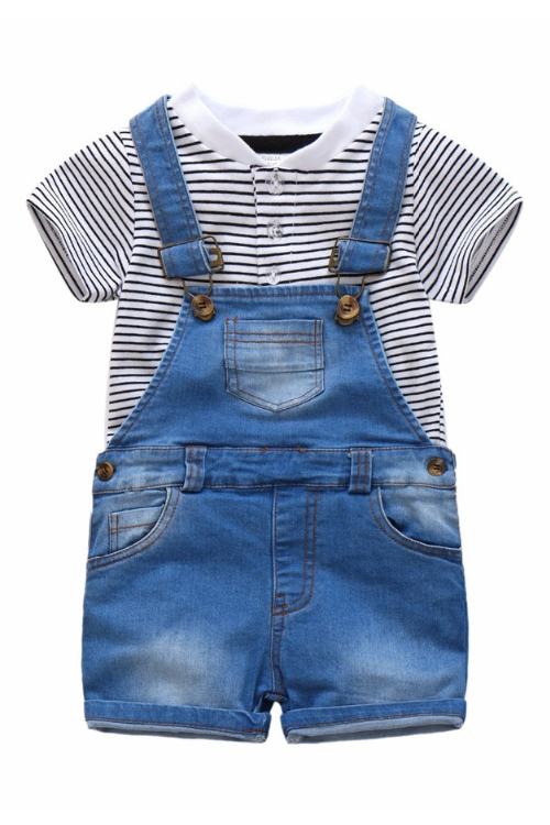 Baby Boy Denim Clothes Outfit Summer Cotton Boys Striped Top + Bib Jeans  Short Toddler Infant Boys Outfits Suit