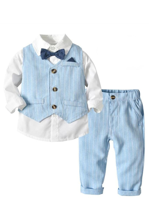 Kid Boy Formal Birthday Outfit Suit Toddler Gentleman Wedding Striped Vest Shirt  Pants Boys Ceremony Outerwear