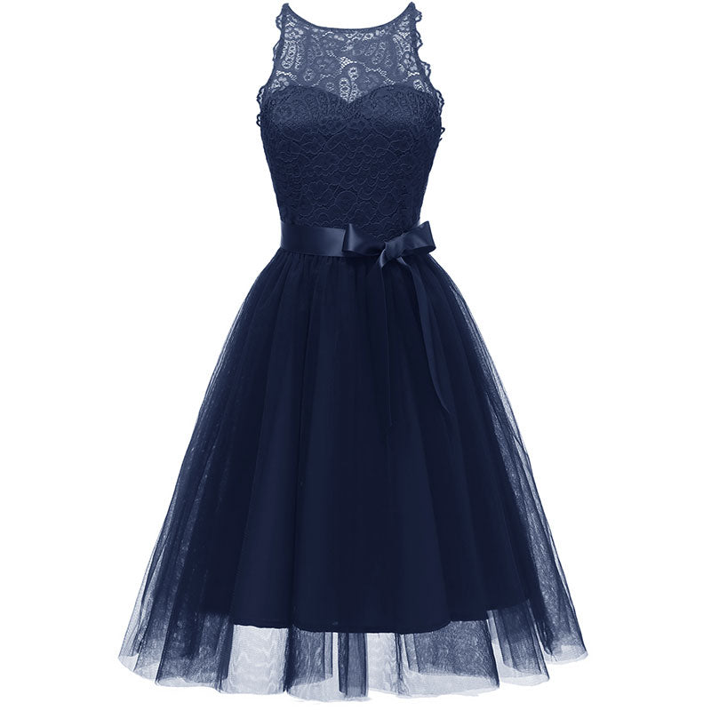 Autumn and Winter sleeveless Chiffon high-end party dress adolescent lace suspender backless waist-back dress