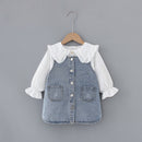 Baby Girls Peter Pan Collar Long Sleeve Shirt+Denim Dress Suspender Strap Suit Spring Children Two-Piece Set