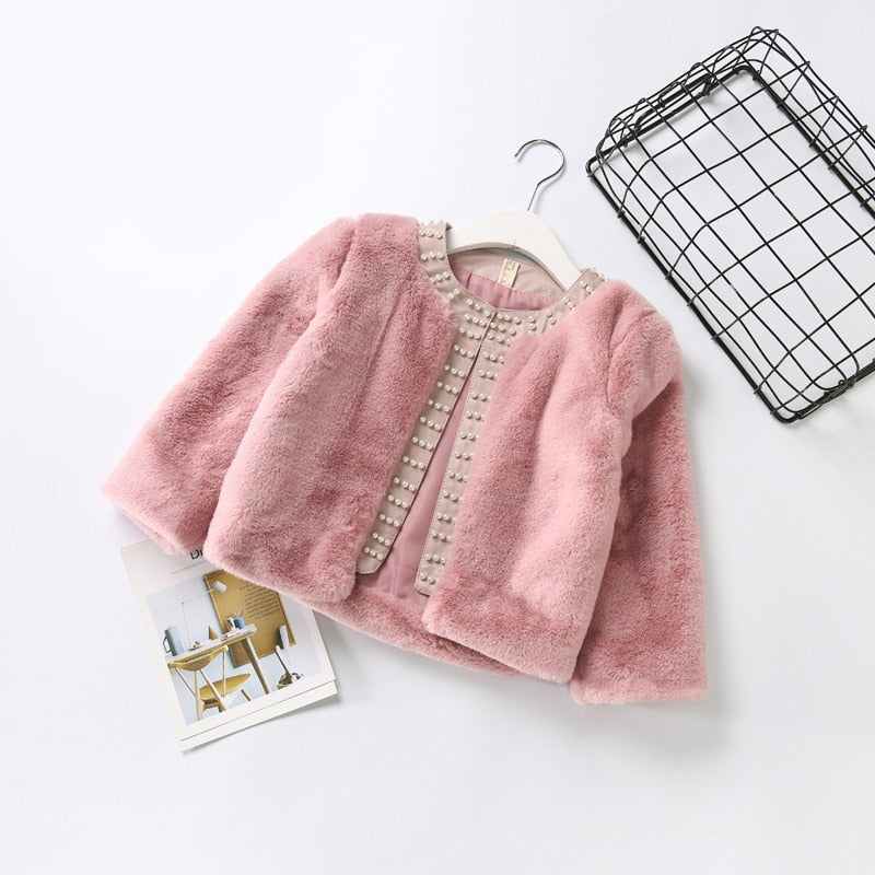 Baby Girls Clothes Warm Fur Bunny Faux Fur Coats Pearls Girls Outerwear & Coats Children Toddler Tops Winter pink white 2-6Y