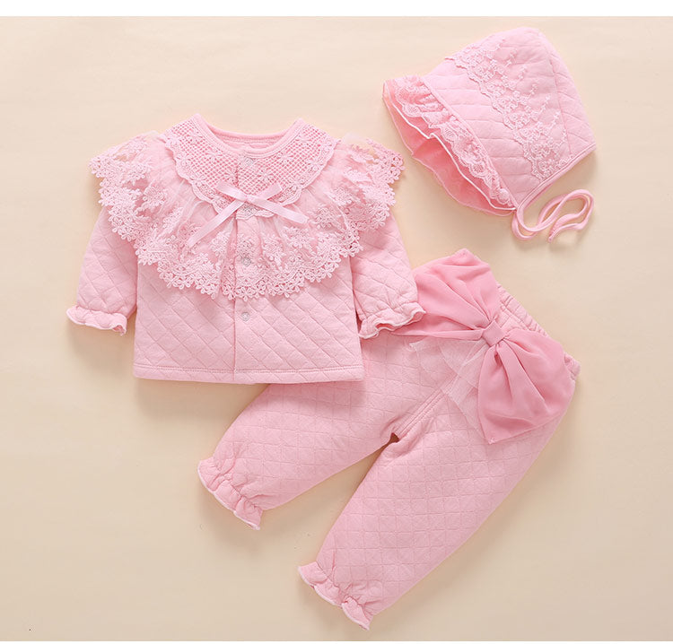 Newborn baby girl fall winter clothes outfits & set Medium thick warm padded top outerwear+pants+hat pink lace princess outfits