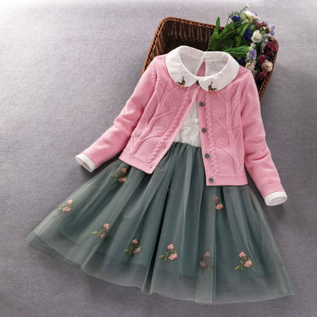 Elegant Girls clothing set new spring autumn Kids princess coat+dress 2Pcs suit for girl party children clothes