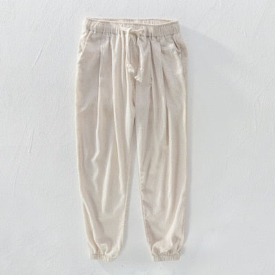 Men Summer Casual Harem Pants Natural Cotton Linen Trousers White Elastic Waist Clothing