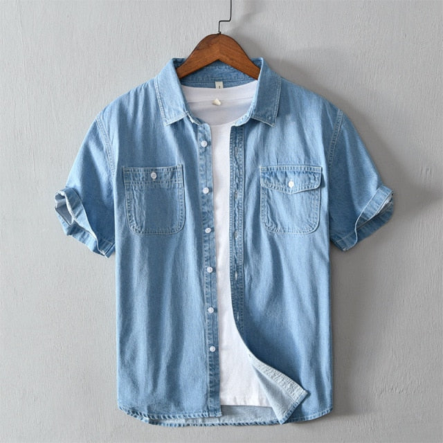 Men Blue Denim Shirts Summer New Thin Short Sleeve Jean Tops Male Pure Cotton Casual Cowboy Button Up Vintage Clothes