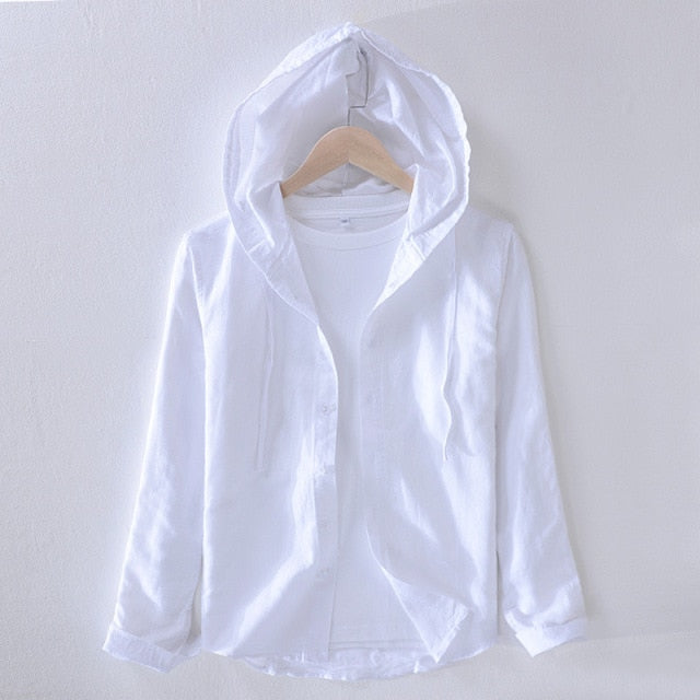 Striped Hooded Shirt for Men Long Sleeve Cotton Linen Tops Spring and Autumn New Casual Male Clothes Hemp Shirt