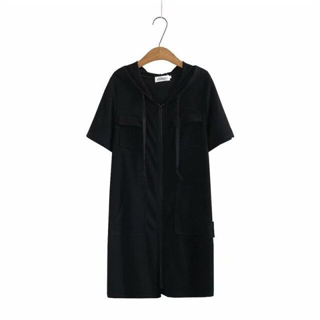 Women's Hooded Summer Dress Solid A-line Patchwork Zipper Up Midi Dresses