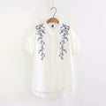 Embroidery striped women blouse summer cotton short sleeve ladies stand collar blouse female tee