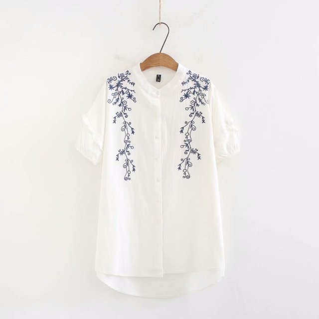Embroidery striped women blouse summer cotton short sleeve ladies stand collar blouse female tee