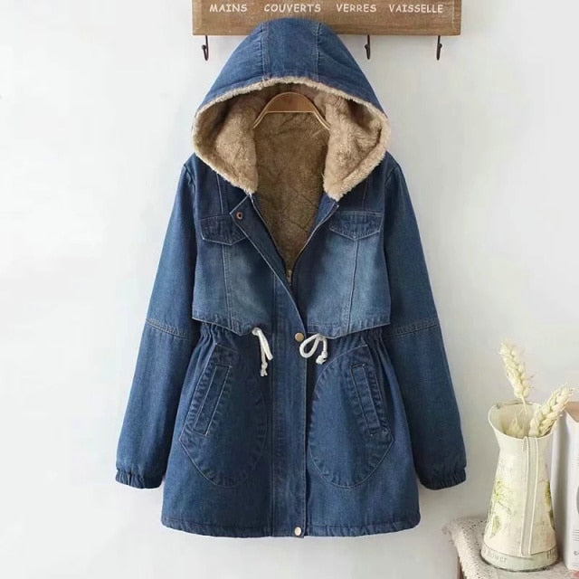 Denim Coat For Winter Women Fur Liner Warm Hooded Solid Blue Slim Drawstring Slim A-Line Fashion Outwear Coat Jackets Tops