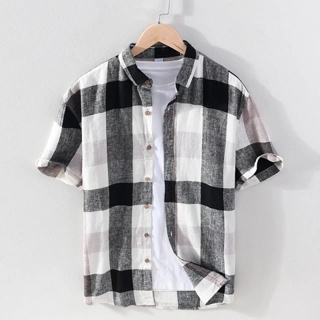 Big Plaid Short Sleeve Shirt for Men Cotton Linen Casual Turn-down Collar Tops Summer New Male Button Up Hemp Shirt