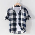 Big Plaid Short Sleeve Shirt for Men Cotton Linen Casual Turn-down Collar Tops Summer New Male Button Up Hemp Shirt