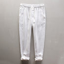 Men's Summer Casual Pants Natural Pure Linen Trousers Solid Color Elastic Waist Straight Pants