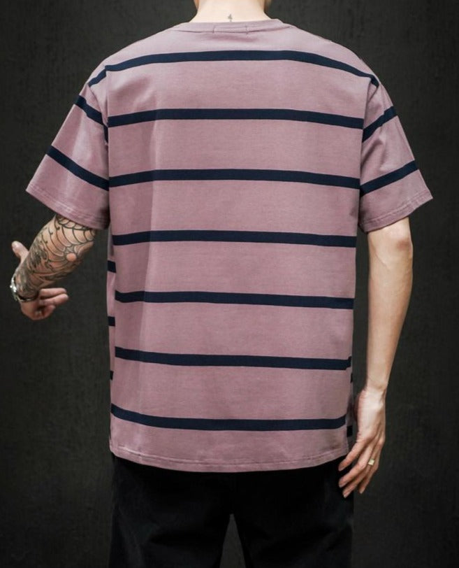 Striped Short Sleeve Oversized T Shirt for Men Summer New Cotton O-Neck Tops Male Simple All-match Cargo Retro Tops Gothic