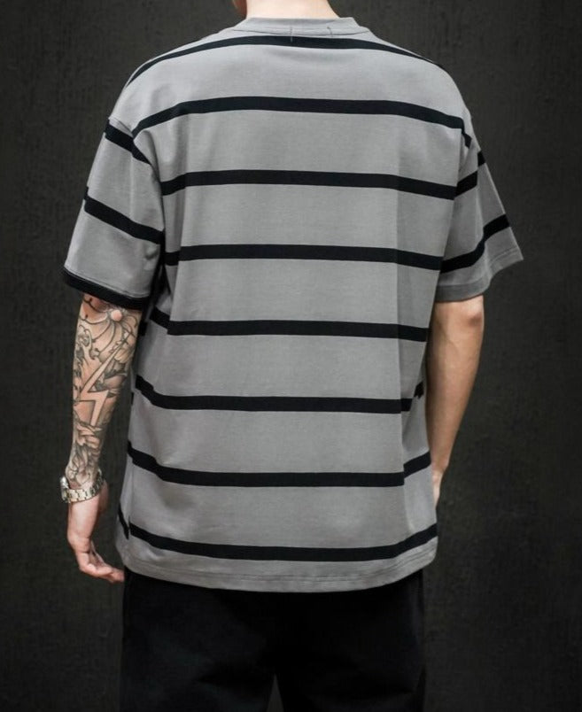 Striped Short Sleeve Oversized T Shirt for Men Summer New Cotton O-Neck Tops Male Simple All-match Cargo Retro Tops Gothic
