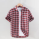 Red Plaid Short Sleeve Shirt for Men 100% Pure Linen Casual Turn-down Collar Tops Summer New Male Button Up Shirt