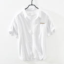 Chemise rayée à manches courtes pour hommes été nouveau coton lin décontracté hauts mâle lettre broderie vêtements
