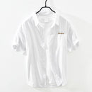 Chemise rayée à manches courtes pour hommes été nouveau coton lin décontracté hauts mâle lettre broderie vêtements