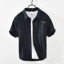 Chemise rayée à manches courtes pour hommes été nouveau coton lin décontracté hauts mâle lettre broderie vêtements
