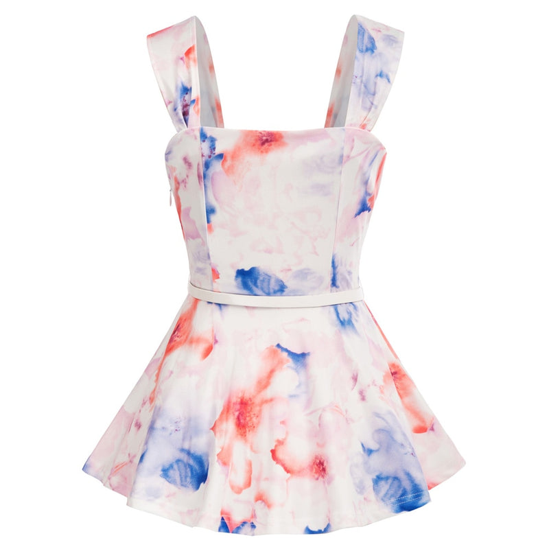 Summer Shirts Women Tie-dyed Peplum Tops Clothes Sleeveless Square Neck Belt Buttons Decorated Holiday Blouse Beach New