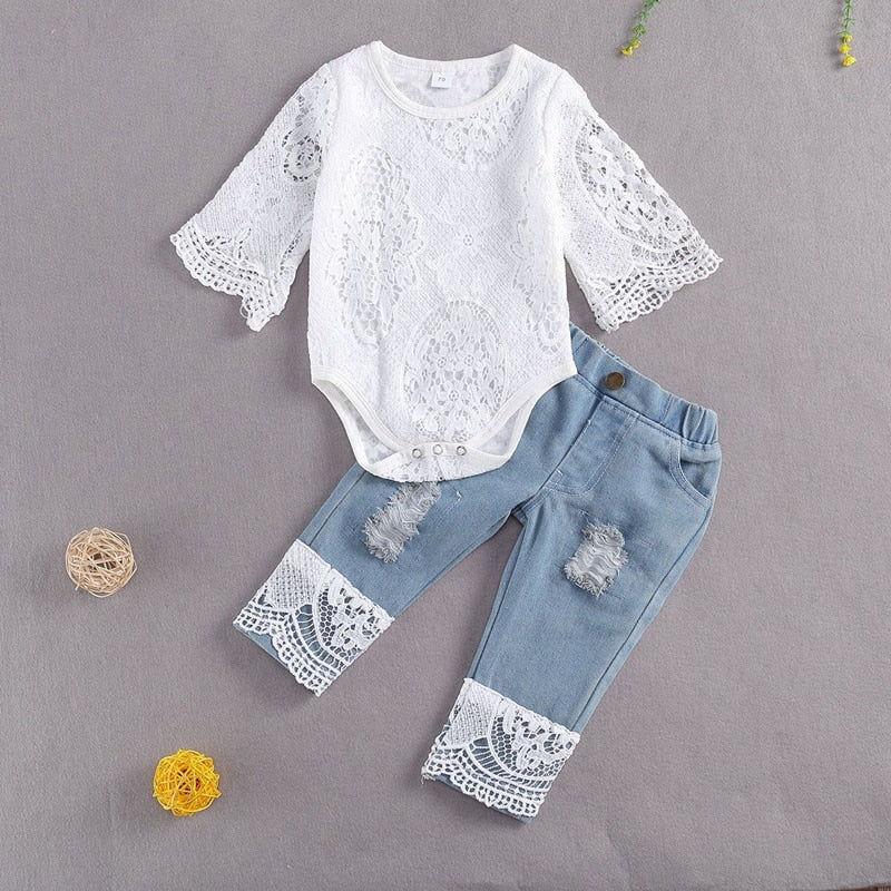 Infant Baby Girl Clothes set Toddler Long sleeve Lace Gauze Bodysuit + Baby Girl Jeans Kids Newborn Clothing Outfits