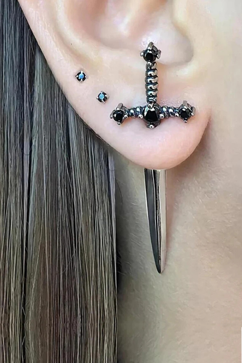 Cross Sword Stud Earrings For Women Classic Crystal Stone Silver Personality Simple Jewelery