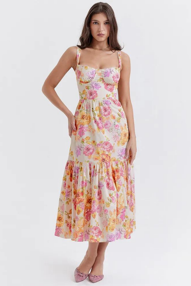 Summer Spaghetti Strap Midi Dress Elegant Casual Floral Holiday Party Dress with Pocket Women Clothing