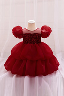 Girl's Mesh Bubble Sleeves Fluffy Skirt Birthday Party Wedding Flower Girl Performance Dress