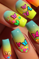 Press on False Nails Butterfly Pattern Fake Nails Wearable Long Square Nail Art Nail
