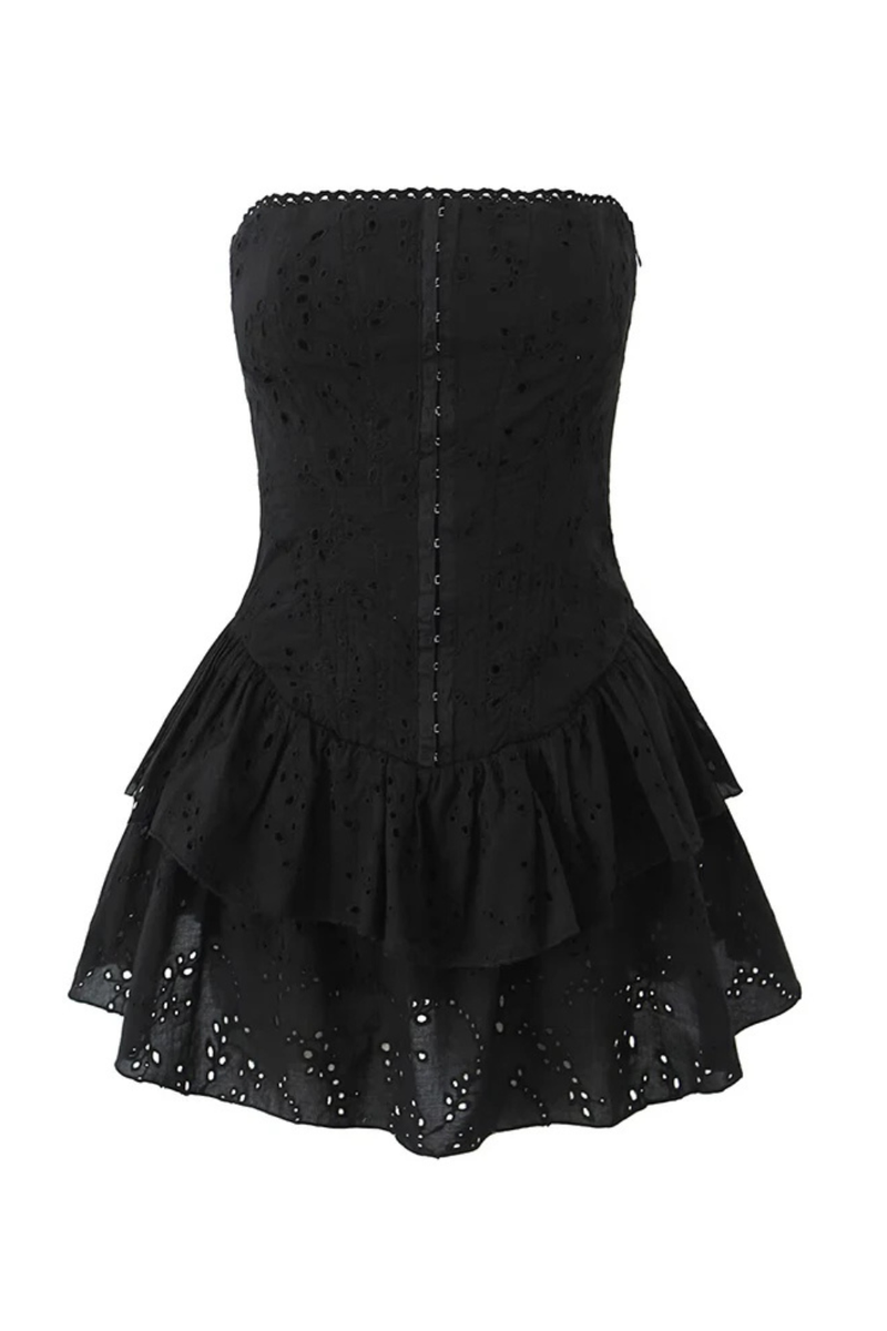 Women Hollow Out Embroidery Strapless Dresses Front Buckle Fit And Flare Party Mini Dresses