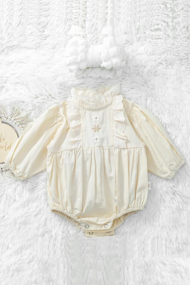 Exquisite Lace Romper for Girl Flower Embroidery Cotton Bodysuit Infant Cute Outfit Solid Headwraps Set