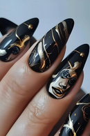 24pc Short Almond Black Mask Pattern Fake Nails Golden Line Press on Nails Simple Cool False Nail Tip