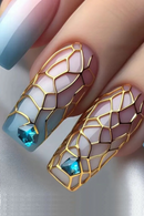 24pcs Pink Blue Gradient False Nails Press On Nails Spicy Girl Gem Fake Nails With Gold Plaid Design Wearable