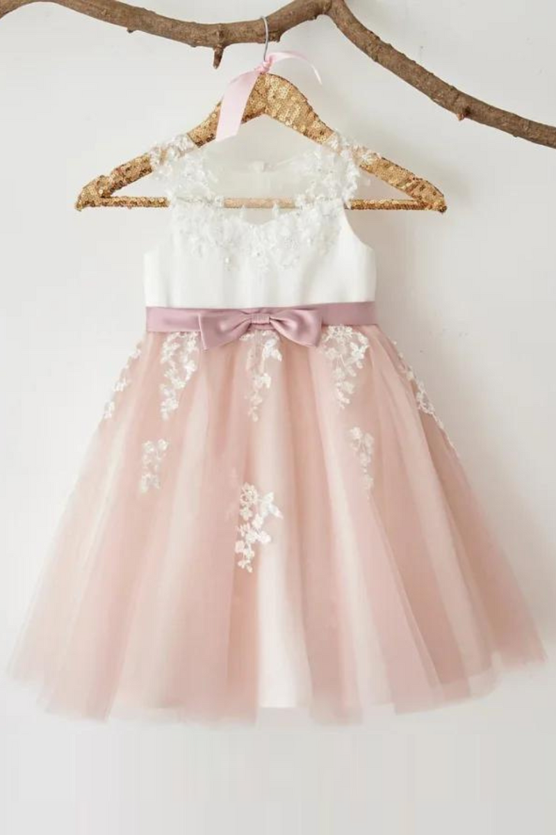 Flower Girl Dresses White Pink Tulle Appliques With Bow Ribbon Sleeveless For Wedding Birthday Banquet