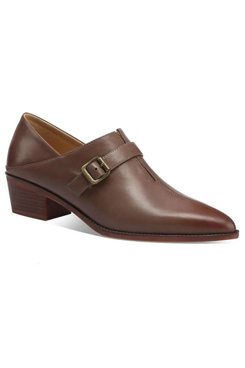 Buckle Genuine Leather Single Shoes Woman Retro Pointed Toe Dress Shoes Ladies Thick Med Heels Pumps