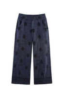 Women Embroidery Wide Leg Pants Patch Pockets Vintage Casual Female Trousers