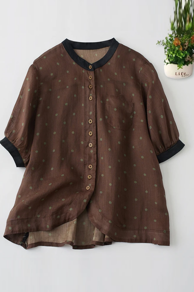 Spring Summer Dot Cotton Linen Blouse Shirt Button Elegant Office Ladies Women Casual Loose Tops