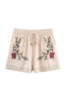 Summer Women Elastic Waist With Drawstrings Floral Embroidery Casual Shorts
