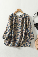 Blue Floral Linen Lantern Sleeve T-shirt Loose Women Blouse Shirt Female Clothing Tops