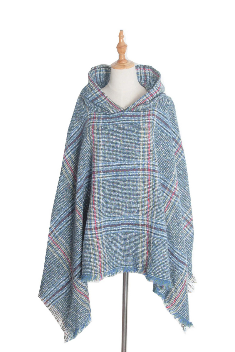 Spring Autumn Loop Yarn Barbed Hair Large Plaid Hooded Cape Street Lady Capes