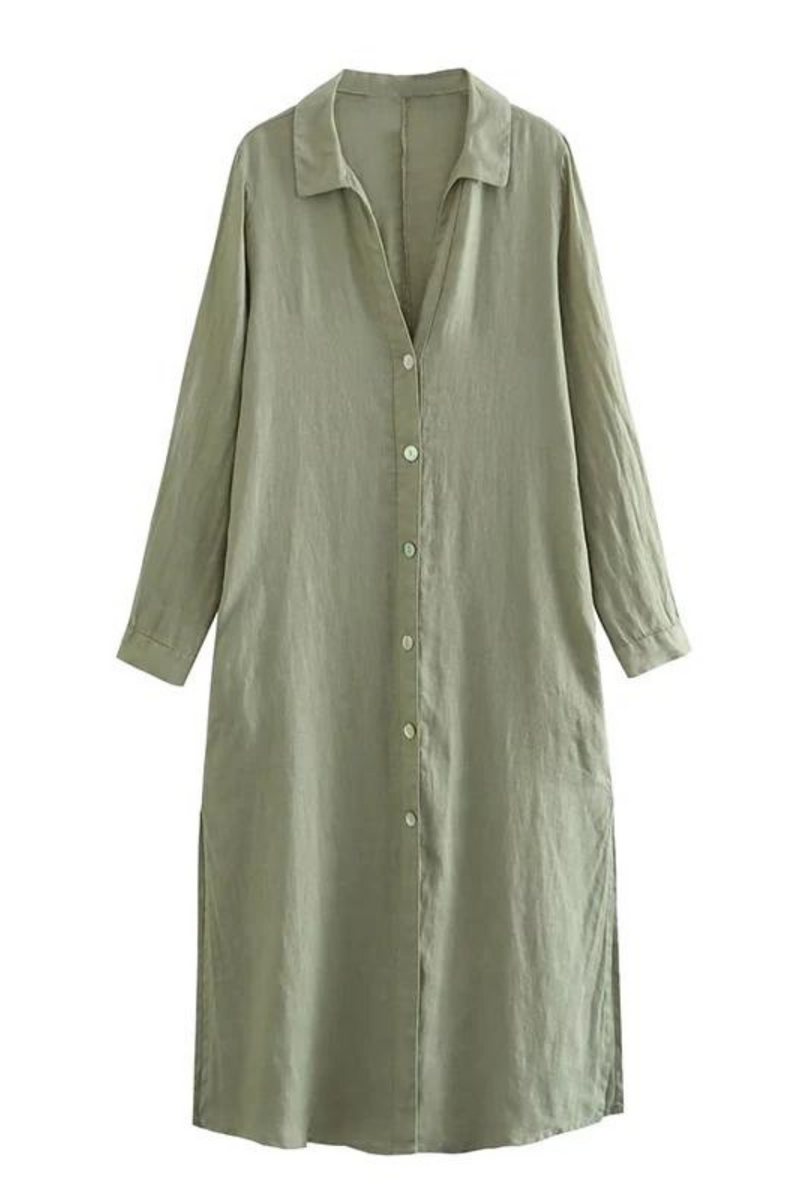 Women Rolled Up Sleeve Linen Shirt Dress Vintage Lapel Collar Female Casual Loose Long Dresses