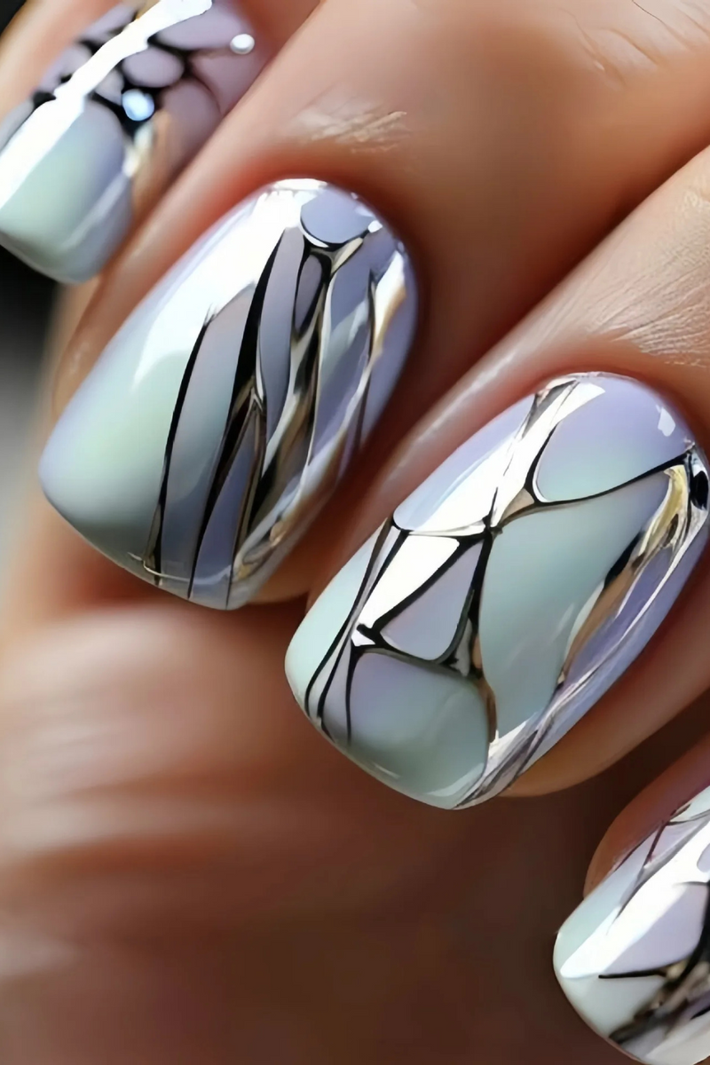 24pcs Punk Silver Striped Press on Nails Gradient Wearable European Square Head Fake Nails for Women