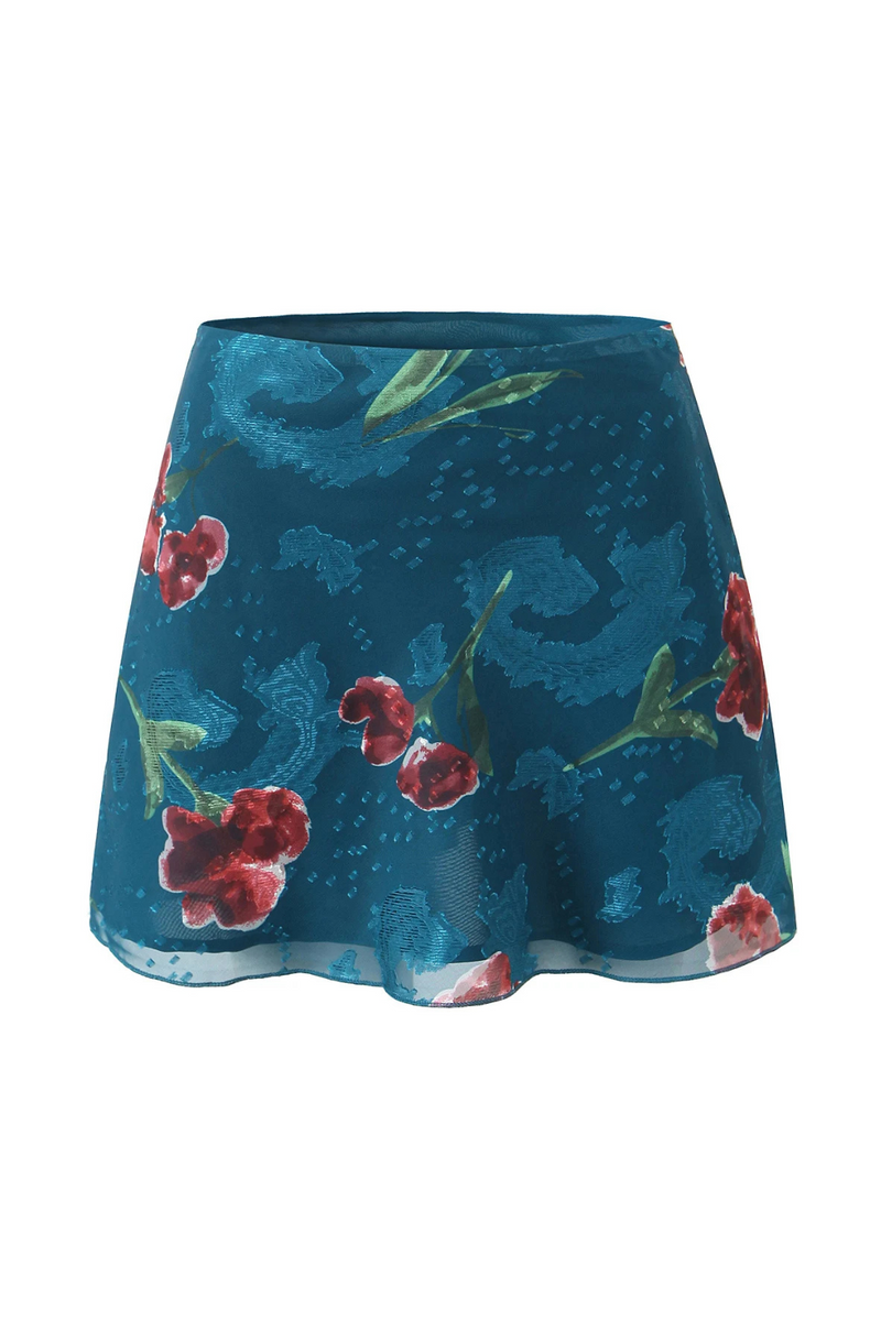 Women Blue Flower Mini Chiffon Skirt Summer Side Zipper Package Hips A-lined Short Skirts