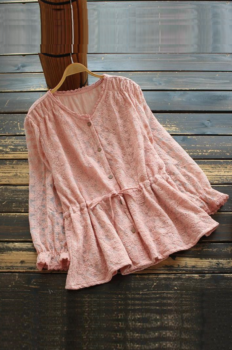 Spring Women Blouse Style Literary Solid Ruffle Sleeves Lace Shirt Women Tops