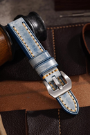 Handmade Italian Waxed Horse Stiff Leather Strap 20 22 24MM Vintage Blue Genuine Leather Strap Thickened to Fit